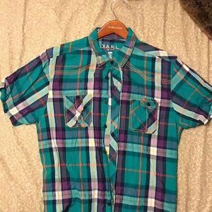 Plaid short sleeve grn multi color XL slim fit